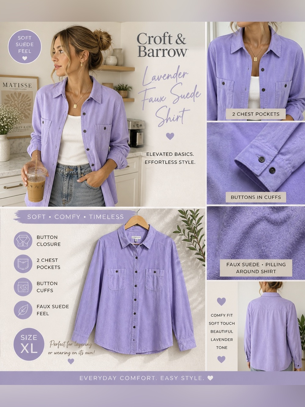 Croft & Barrow Lavender Faux Suede Button Down Shirt XL